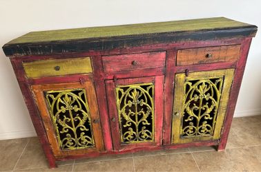 Antique Multi-Colored Wood Hitch Sideboard Buffet with Scrollwork