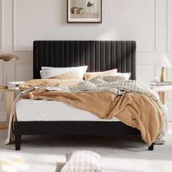 SHA CERLIN  Queen Velvet Black Platform Bed Frame : Adjustable Headboard/Velvet Fabric/Wooden Slats Support