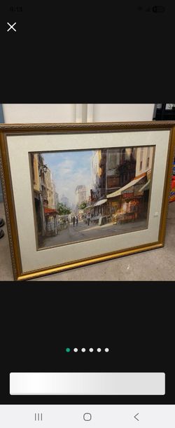 Framed European Street Scene Painting