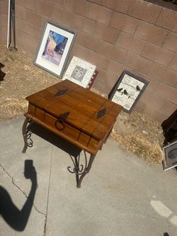 Spanish/Southwestern Style Wood End Table with Wrought Iron Scroll Legs