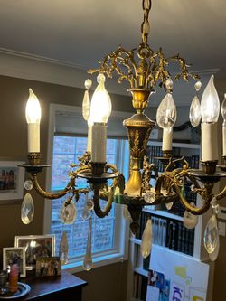 Antique French-Style Bronze Chandelier with Naturalee Rock Crystal Drops — 6-Arm