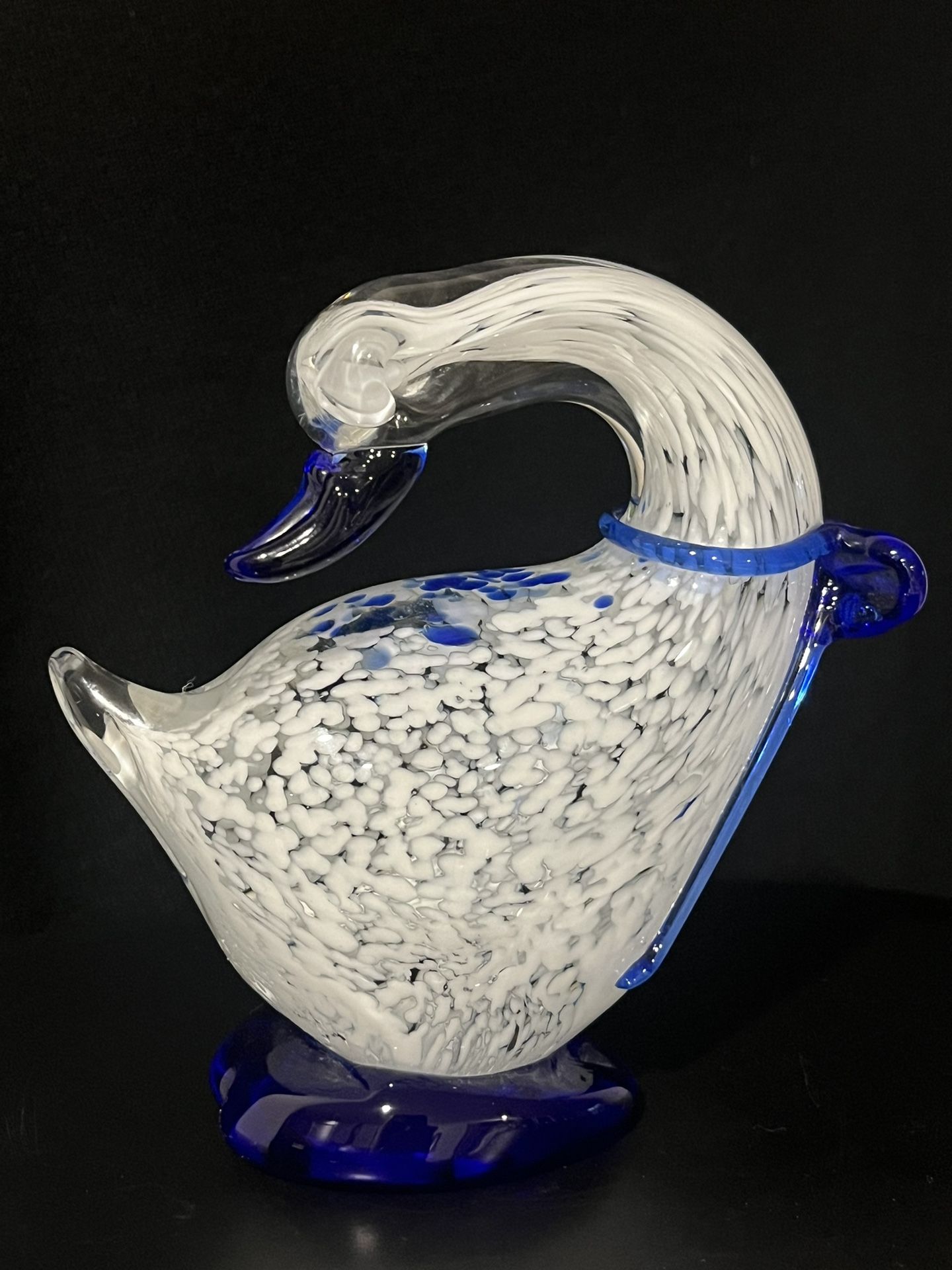 Hand Blown Art Glass Blue And White Goose Figurine