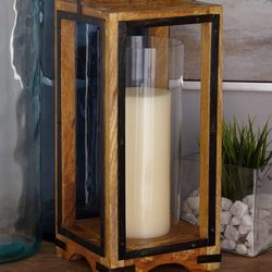 Deco 79 Mango Wood Handmade Pillar Candle Lantern, 8" X 8" X 22", Tan