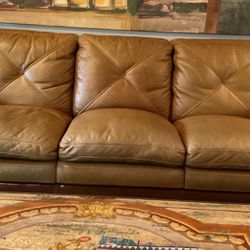 7 Foot Leather Sofa, Gold, And Brown