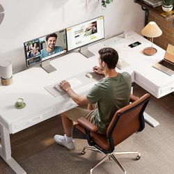 L Shaped Electric Standing Desk with Wooden Drawers, 63 Inch Height Adjustable Corner Workstation with Power Outlets, Sit Stand Table for 