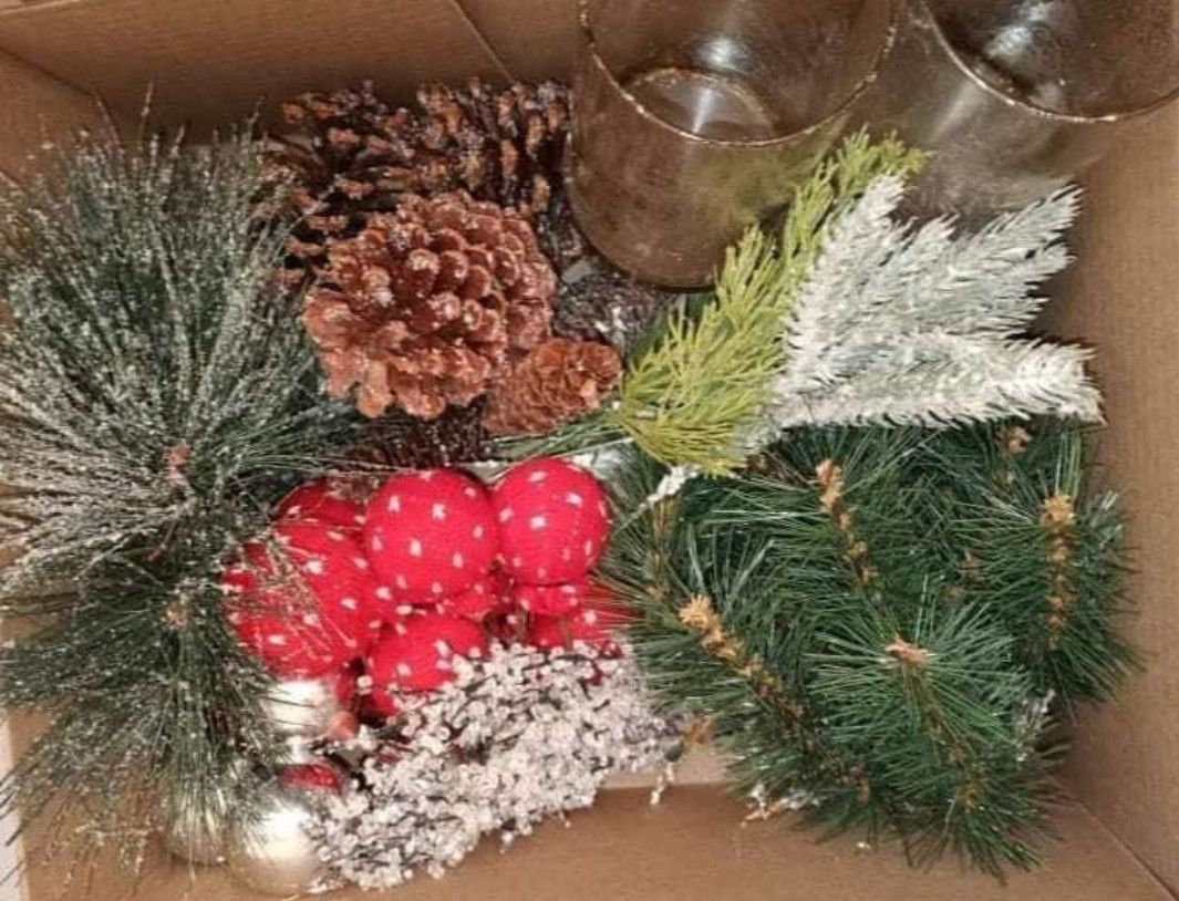 box of Christmas picks, pine cones and 2 glass candle holders to make a centerpiece or wreath FIRM