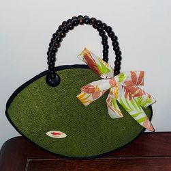 Circular olive green fabric purse-satin bow-beads handles-unique boutique bag