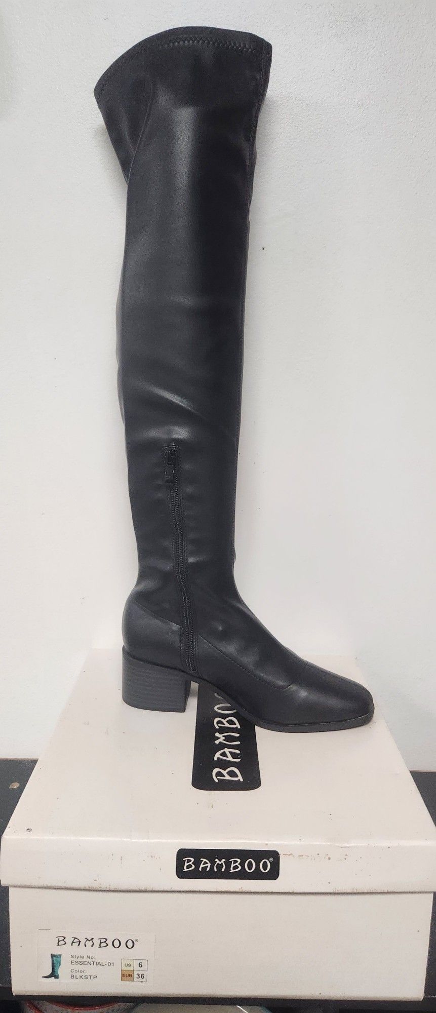 Black Thigh High Heeled Boots, Faux Leather, Great for many Styles, Halloween NEW by BAMBOO Womens 6