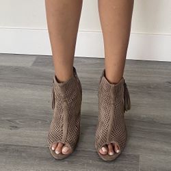 Taupe Suede Peep-Toe Cutout Booties