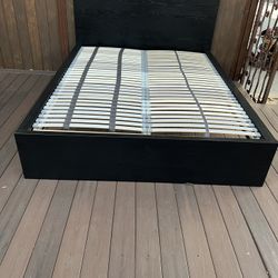Ikea MALM Queen Size Bed frame, Brown-Black With LÖNSET Slatted bed base, Queen
