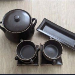4 Bowls & Plates, Pot, Tray Serving Set - New 