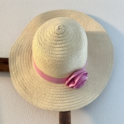 Floppy Girls Wide Brim Straw Hat W/Pink Rose Bow