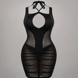 Mapale Black Sheer Mesh Halter Bodycon Dress – S/M – NWT
