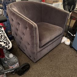 “Boulevard “ Grey Velvet Tufted Studded Swivel Barrel Accent Chair