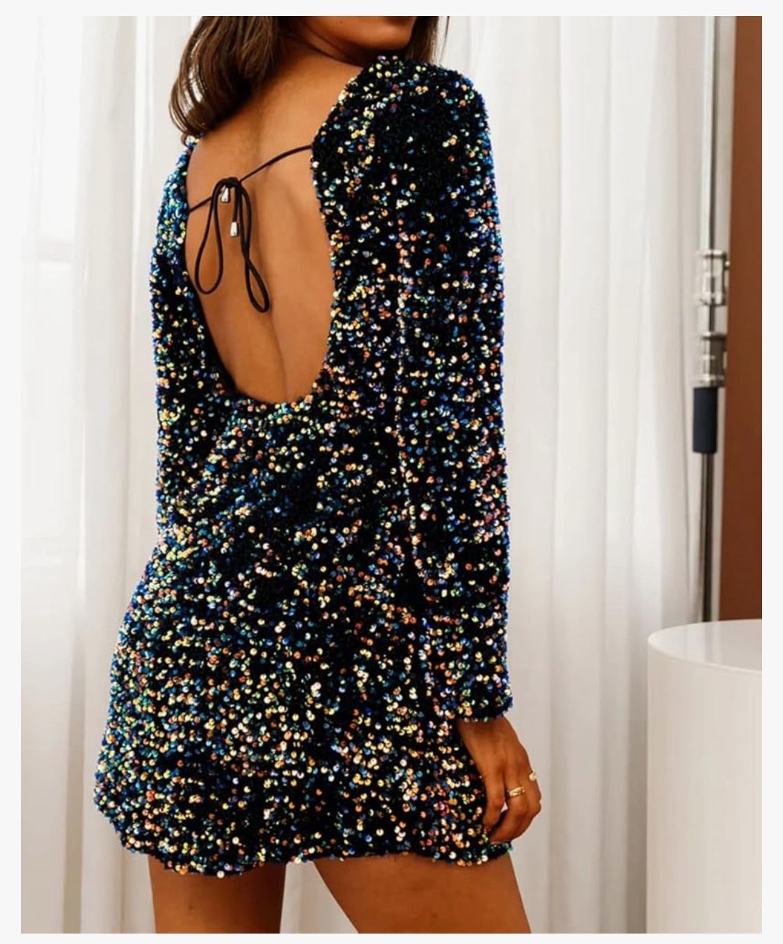 R.Vivimos Women's Sequin Bodycon Dress Fall Winter Velvet Warm Long Sleeve Crew Neck Sexy Backless Glitter Slit Mini Dress