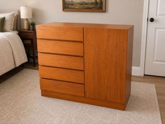 Teak Veneer 5 Drawer Solid Wood Wardrobe Dresser
