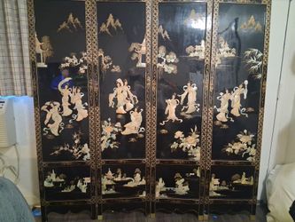 Chinese Black Lacquer 4-Panel Room Divider Screen