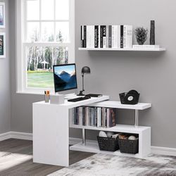 14525- 360 Degree Rotating Corner Computer Desk, L Shaped Desk, Home Office Workstation with 3-Tier Storage Shelves, White