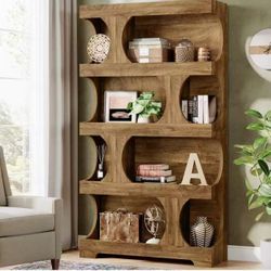 New assembled JW1050 71" Tall Bookcase, 4-Tier S-Shaped Bookshelf, Wood Decorative Storage Shelving, Modern Freestanding Display Shelves, Large Librar