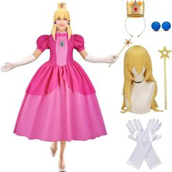 Princess Costume Adult, Halloween Women Princess Dress Wig Crown Earrings Wand Gloves Accessories Cosplay Set, Halloween Costume Dress Up Outfit for W