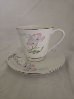 Vintage Fine China Footed Teacup & Saucer Set - Silver Trim