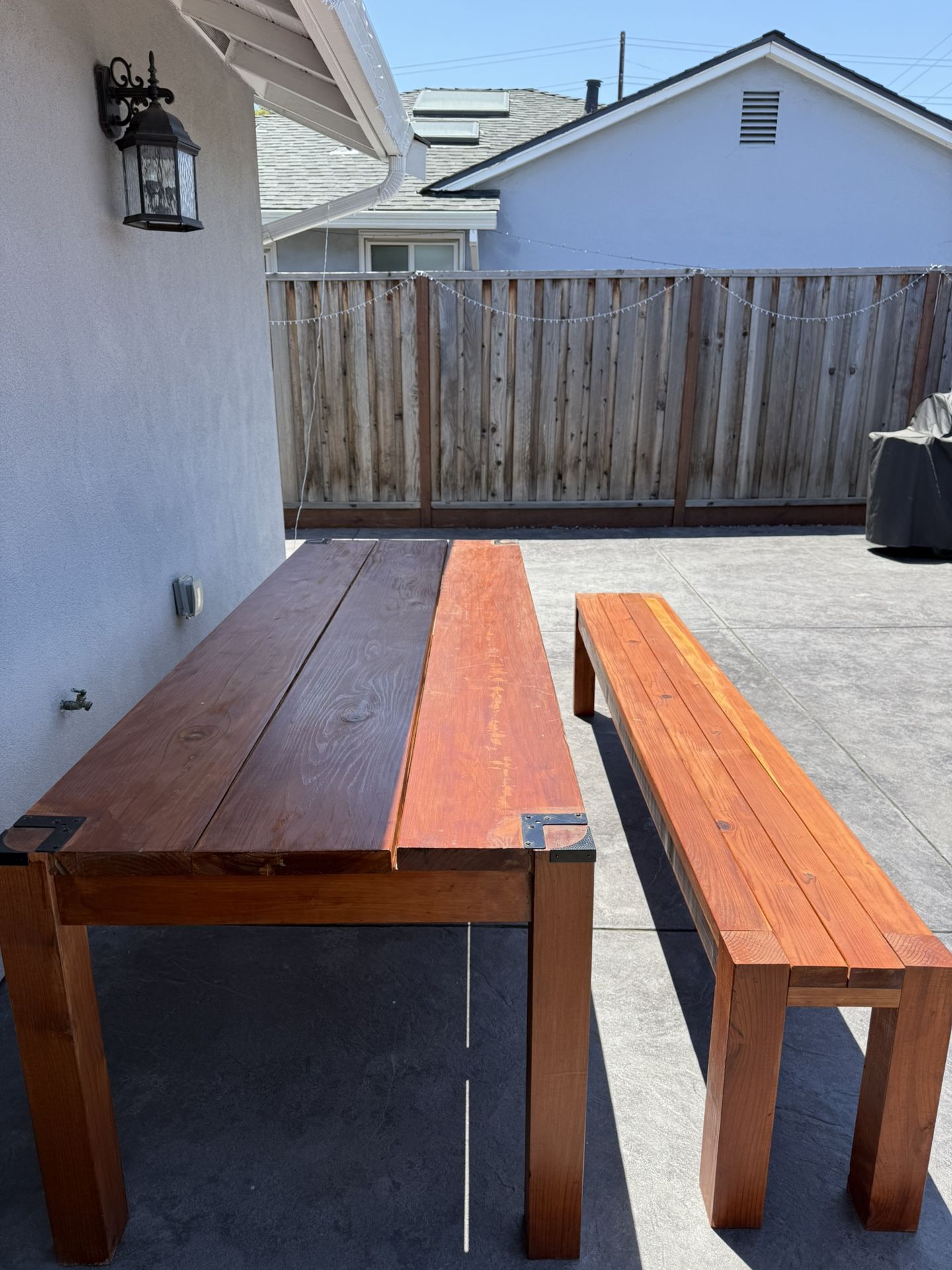 Custom made redwood Outdoor Dining/Patio Table And Bench