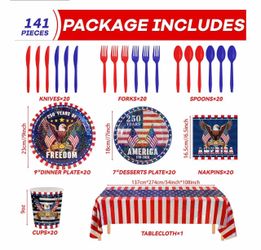 141 pcs Party Tableware Decorations Kit, Holographic Laser Plates(9”+7”), Sparkling Patriotic Tablecloth 9ft, Cups Napkins for 4th of July, Kids Birth