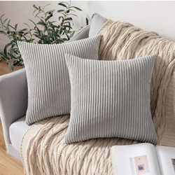 Pack of 2 Corduroy Pillow Covers Super Soft Throw Pillow Covers Striped Pillowcases for Sofa Bedroom Couch 20 x 20 Inch Silver Grey