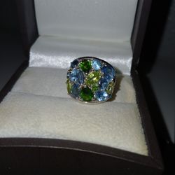 Crystal Green And Blue Cluster Dome Ring 