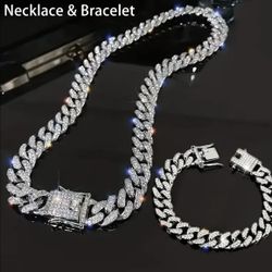 New 18k White Gold Filled Cuban Link Chain And Bracelet Set 