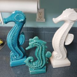 Set of 3 Ceramic Seahorse Statues  14 1/2" And 10 1/2" 