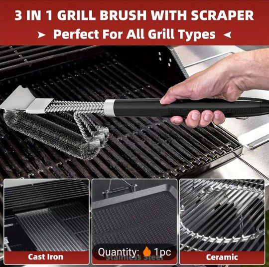 New Grill Brush And Scraper, Extra Strong BBQ Cleaner Accessories, Safe Wire Bristles 18" Barbecue Triple Scrubbers Cleaning Brush