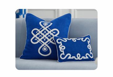 Pair Jonathan Adler Blue Embroidered Throw Pillows 22”