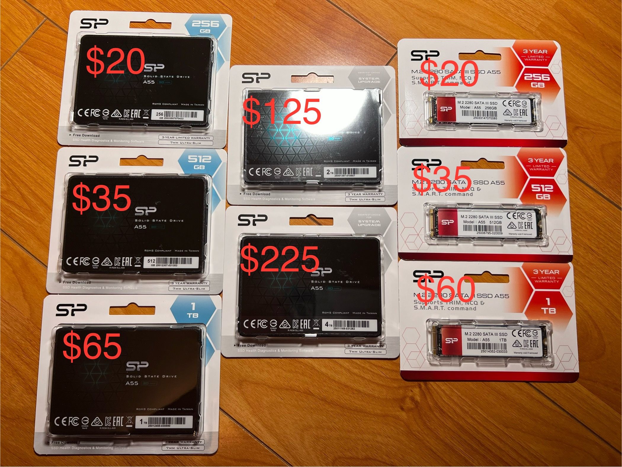 Brand New 2.5” SATA, M.2 SATA, Gen 3 NVMe