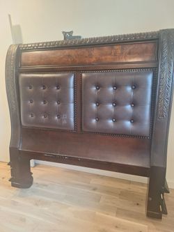 Dark Wood Tufted Leather Sleigh Headboard