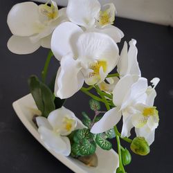 White Faux Orchid Plant 10.6" | Artificial Silk Flower | Home/Office0 Decor | Realistic Fake Orchid flower plant