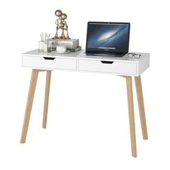 PREBUILT Minimalist White Desk with Natural Wood Legs – Gently Use
