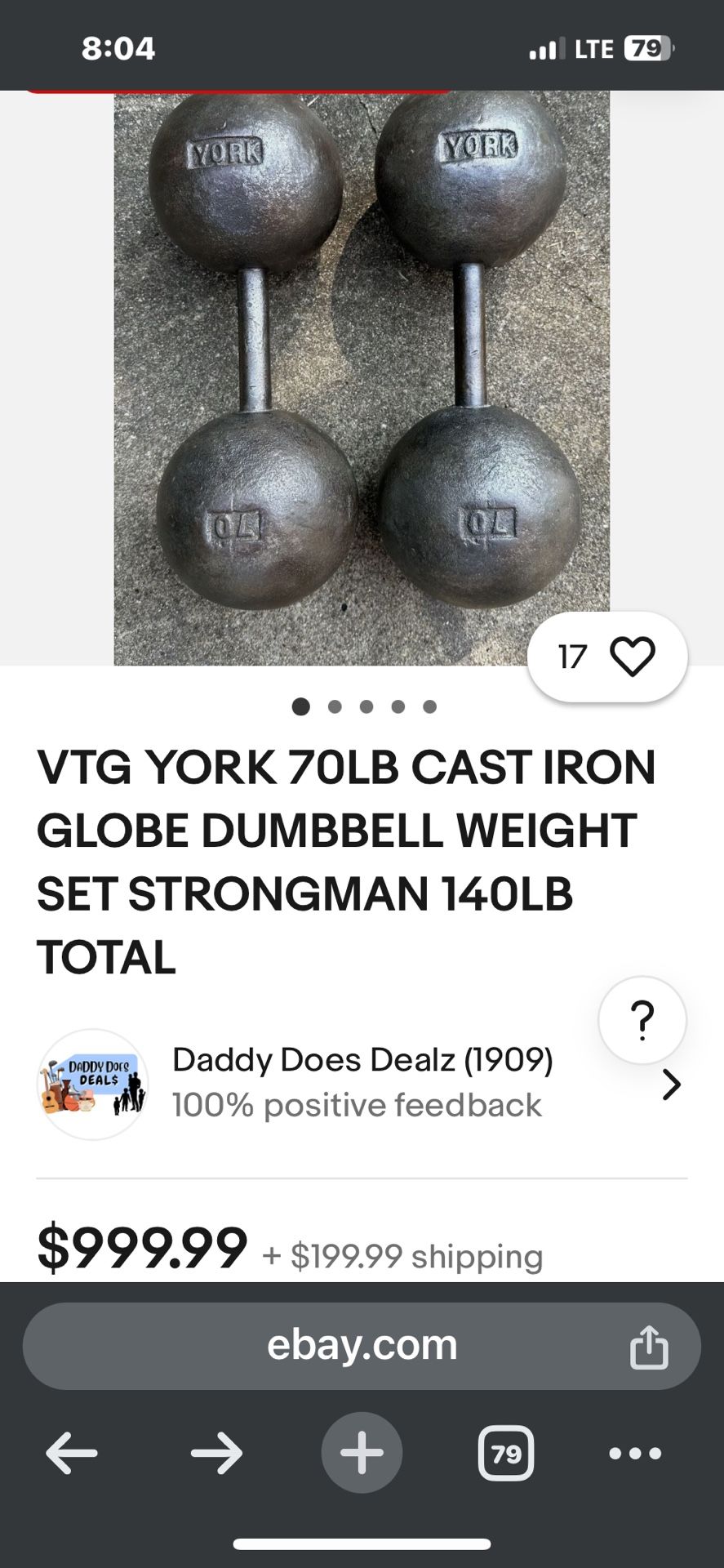 York Antique 1920s circus strongman 70 pound dumbbell