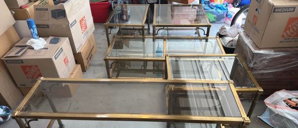 Vintage 1970s Hollywood Regency Gilt Brass & Smoked Glass Coffee Table Set - 5 Pieces (Maison Jansen Style)