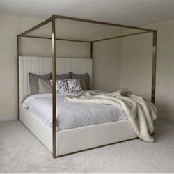 Modern Gold Canopy Queen Bed – Upholstered Headboard