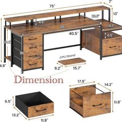 🥨SEDETA Home Office Desk with File Drawer & Power Outlet, 75'' Large Computer Desk with 5 Drawer, Storage Shelves, Monitor Shelf and Led Lights