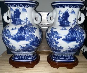 Pair of Blue and White Porcelain Vases with Wood Stands