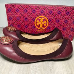 TORY BURCH Caroline Gold Logo/Cabernet plum Leather Ballet Flat Shoes Size 7.5 M