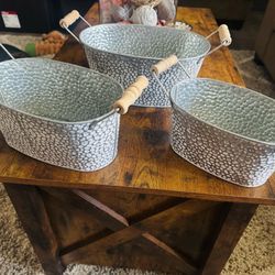 Galvanized Metal Oval Shaped Planters with Handles- Stone Pattern Set of three