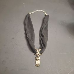Black Fabric Scarf Choker Necklace Featuring A Decorative Rhinestone Embellished "X" Connector & A Dangling Rhinestone Owl Charm 20" W/Chain Fully Ext