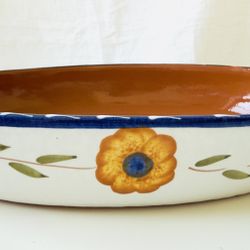 Vintage Furio Home La Spezia 14" Oval Stoneware Baker Hand-Painted Blue & Gold Floral, Made in Italy 
