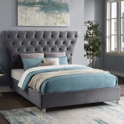 Kira Velvet / Plywood Grey King Bed

