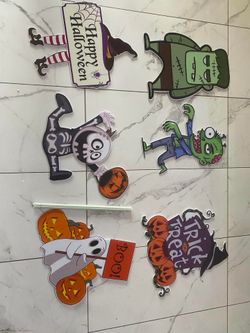Set Of 6 Halloween Yard Signs Pumpkin Ghost Monster w/ Stakes