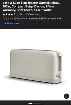 bella 2-Slice Slim Toaster with Extra Long Slot, 6 Setting Shade Control with Reheat & Cancel Buttons, Oatmilk