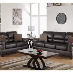 Brown Faux Leather Sofa And Love Seat Set (Free Delivery)